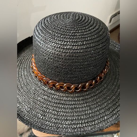 Vintage Straw Hat With Plastic Chain Hat Band Black - Picture 3 of 8